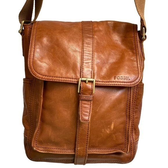 Fossil brown leather unisex messenger bag - Picture 1 of 15